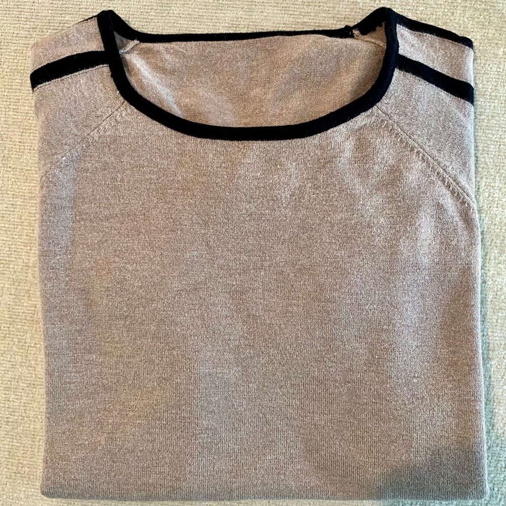 Tan Crew Neck Sweater with Black Trim